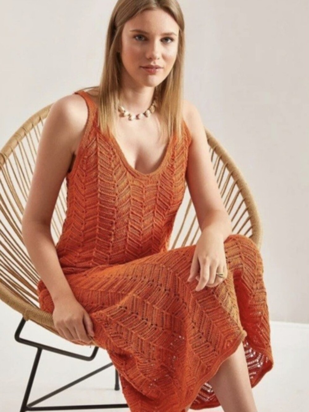 Women's Sleeveless Crochet Midi Dress - Rust Orange